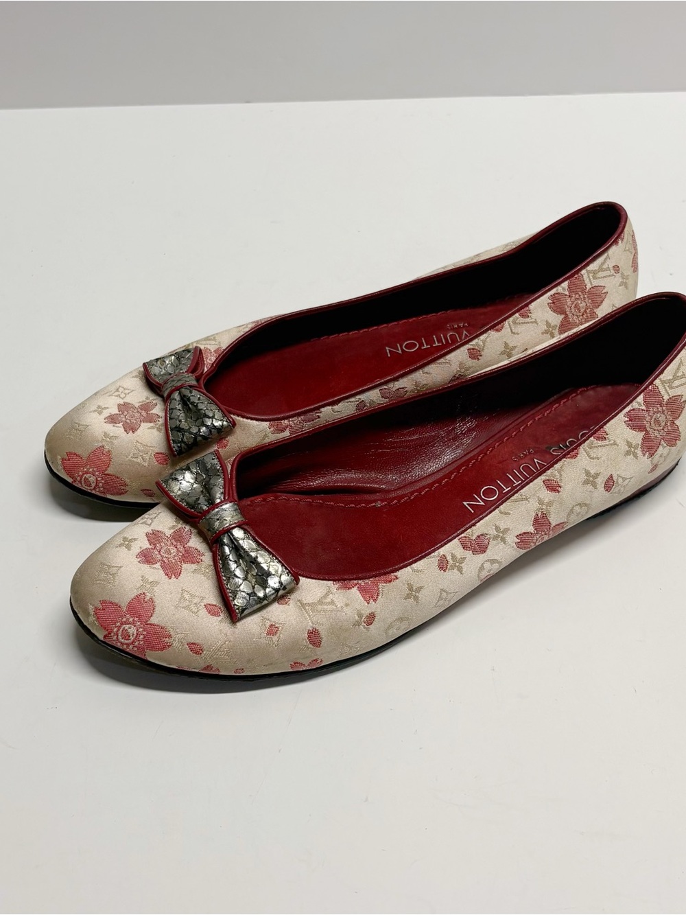Louis Vuitton Pink Floral Jacquard Bow Ballet Flats